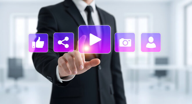 Dynamic business professional launching video marketing campaign with social media engagement in modern office setting for enhanced brand visibility and growth - Powered by Adobe