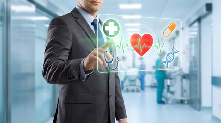 Modern healthcare executive using digital interface for innovative medical solutions in a vibrant hospital setting for advanced patient care and life science breakthroughs