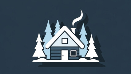 Fototapeta premium Cozy winter cabin nestled amongst snow covered pine trees with smoke gently rising from the chimney creating a peaceful and serene atmosphere
