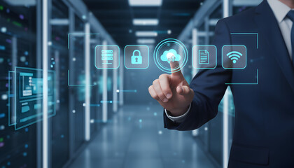 Professional businessman touching cloud computing interface in data center for secure storage and innovative technology solutions, driving digital transformation forward