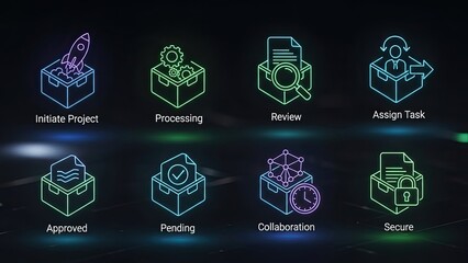 Streamlined workflow icons for a modern project management solution, visualize project stages with vibrant symbols to enhance productivity and team collaboration