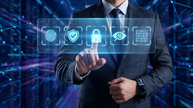 Professional cybersecurity expert securing data with advanced digital interface, promoting privacy and protection in a modern business setting with a cutting-edge technology