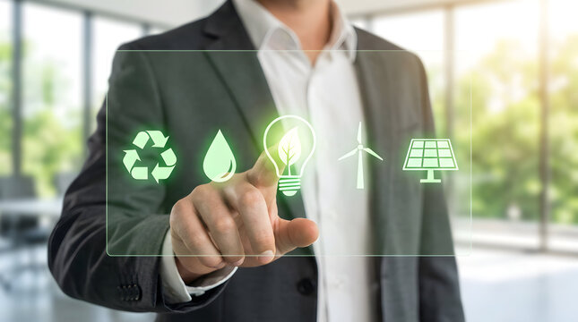 Eco-conscious executive selecting sustainable energy options for a greener future with modern technology, illustrating a commitment to renewable resources and environmental responsibility