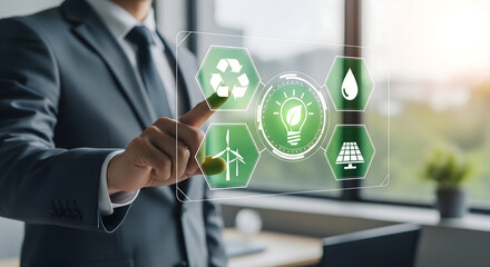 Professional using innovative green technology interface for sustainable business solutions in a modern office environment, displaying renewable energy and recycling icons
