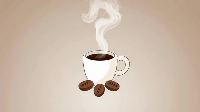 Animated Coffee Cup with Rising Steam and Coffee Beans Illustration