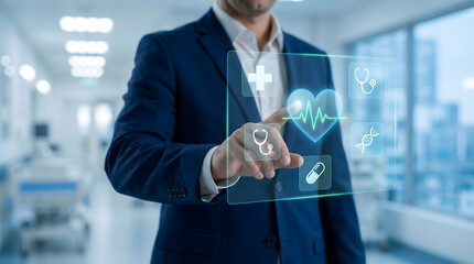 Doctor using modern digital interface for healthcare solutions in hospital, innovation and technology create a hopeful, futuristic feeling in medicine and research