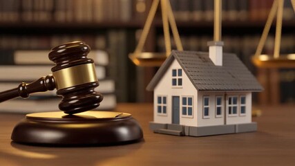 Judge gavel with damaged house model on table, real estate dispute and property damage legal concept - Powered by Adobe