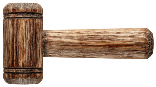 Gavel, a wooden mallet, symbolizing law, justice, authority, and arbitration, isolated on a transparent background