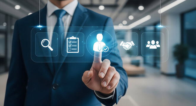 Elegant business man using digital interface for team collaboration and human resources management in a modern office, promoting recruitment and success - Powered by Adobe
