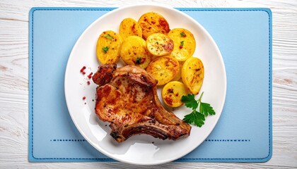 Pork chop with potatoes on white plate