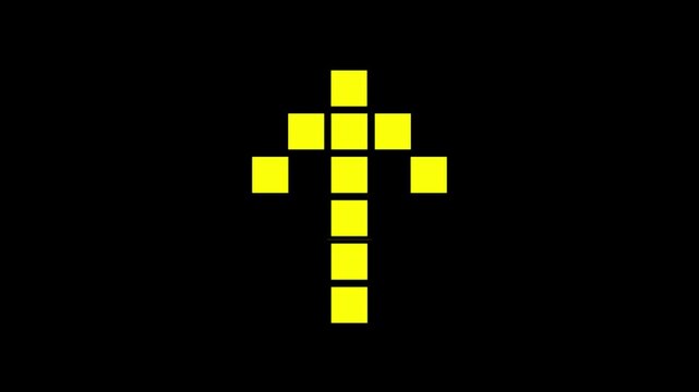 Yellow pixel art arrow animation pointing upwards on black background. Retro 8-bit blinking cursor sign for video game interface, upload direction, and digital navigation design.