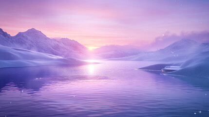 Sunset over a serene mountain lake with purple hues and snow-capped peaks reflected in calm waters
