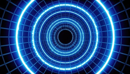 A mesmerizing tunnel of bright blue neon lights, forming concentric circles that recede into an infinite black abyss, creating a sense of wonder and futuristic allure.