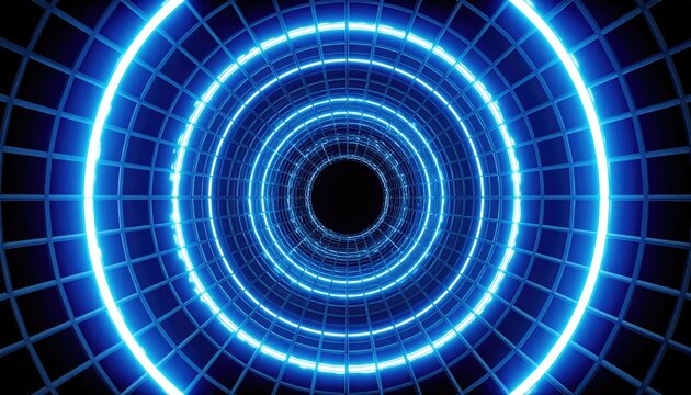 A mesmerizing tunnel of bright blue neon lights, forming concentric circles that recede into an infinite black abyss, creating a sense of wonder and futuristic allure. - Powered by Adobe