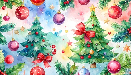 Watercolor Christmas Trees and Ornaments