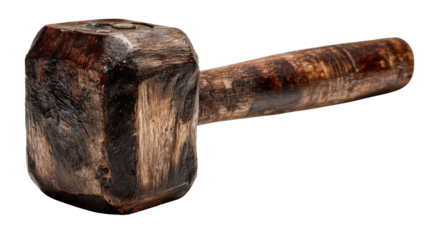 Rustic wooden mallet with a heavy head and handle, showing craftsmanship and old woodworking tools, transparent background