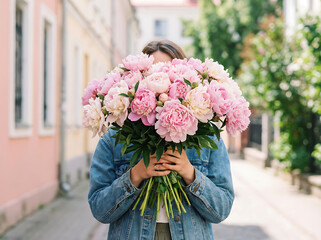 A person in a denim jacket holding a large bouquet of beautiful pink peonies, obscuring their face, standing on a charming street.