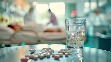Fototapeta premium Medication pills and a glass of water on a table in a hospital room 