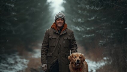 Man wearing a brown coat and a hat is walking with his dog