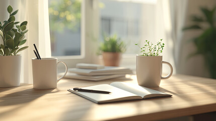 Fototapeta premium Sunlit workspace with open notebook, mugs, and potted plants on wooden desk by window 