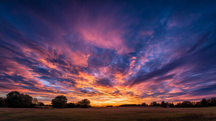 鮮やかな夕焼け空と地平線が広がるドラマチックな風景