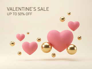 3D rendered Valentine's Sale banner with floating pink hearts and golden spheres on a cream background.