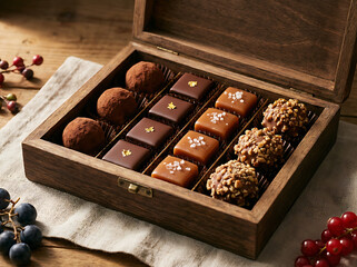 An elegant wooden gift box filled with an assortment of gourmet chocolates, including truffles and caramels.