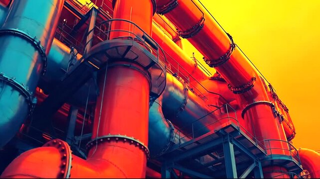 Colorful industrial pipes against a vibrant sky