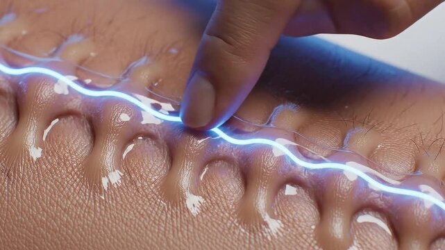 Close up on a finger stimulating a glowing blue electric pulse along a textured skin surface with raised bumps and liquid droplets creating a
