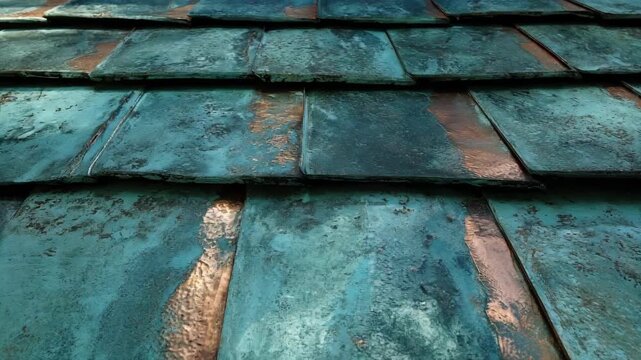 Medium shot of copper roof panels under natural weathering conditions revealing varied textures and greenishblue patina from environmental exposure.
