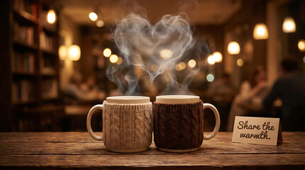 Two cozy mugs with knitted sleeves sharing heart-shaped steam in a warm cafe.