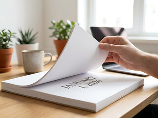 A person's hand turns a large desk calendar to the first page, January 1, 2026, in a bright home office.
