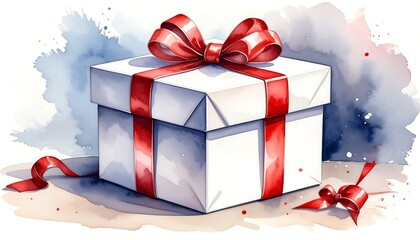 Watercolor gift box with red ribbon