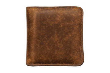 Brown leather wallet displaying texture and material on a transparent background, symbolizing finance, spending, and luxury