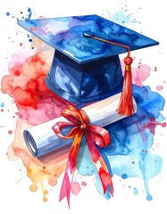 Watercolor graduation cap and diploma