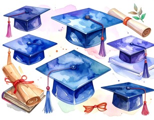Watercolor graduation caps and diplomas