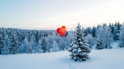 A red heart-shaped balloon floats above a snow-covered pine tree in a vast winter forest.