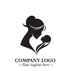Mom and Baby Logo Symbol in Black on White Background for Gentle Minimalist Branding Design