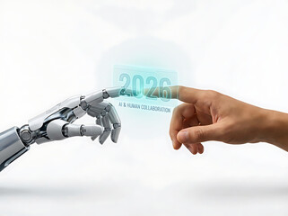 A human hand and a robot hand reaching out to touch, symbolizing future AI collaboration in 2026.