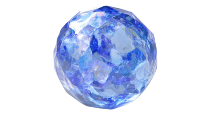 Blue faceted crystal orb gemstone with brilliant refracting light and glossy surface, transparent background