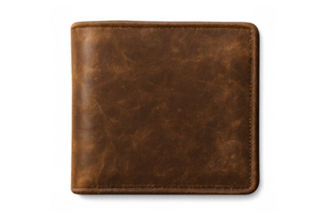 Brown leather wallet with rugged texture, compact bifold design, top view, transparent background