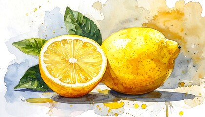 Watercolor illustration of a lemon and half-lemon