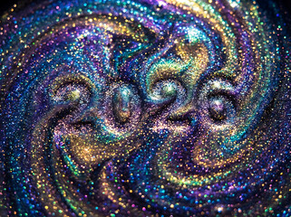 The year 2026 written in a swirling galaxy of colorful, sparkling glitter.