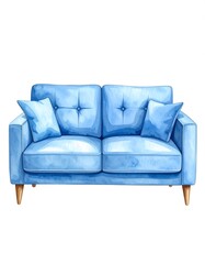 Watercolor illustration of a light blue couch