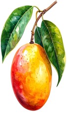 Watercolor illustration of a mango with leaves