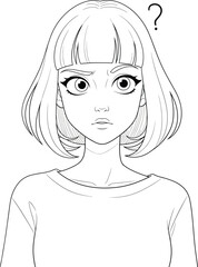 Line art portrait of a confused anime girl with a bob haircut and a question mark.