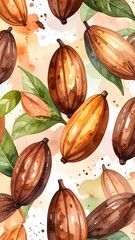 Watercolor illustration of cacao pods and leaves