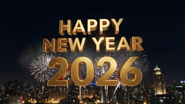 Happy New Year 2026 celebration with golden text and fireworks over a city skyline at night.