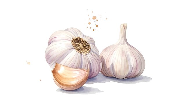 Watercolor illustration of garlic heads