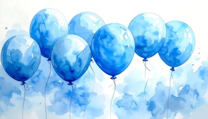 Watercolor illustration of several light blue balloons